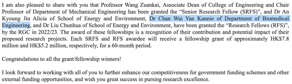 Congratulations to Dr. Chan on being awarded with Research Fellow Scheme from RGC