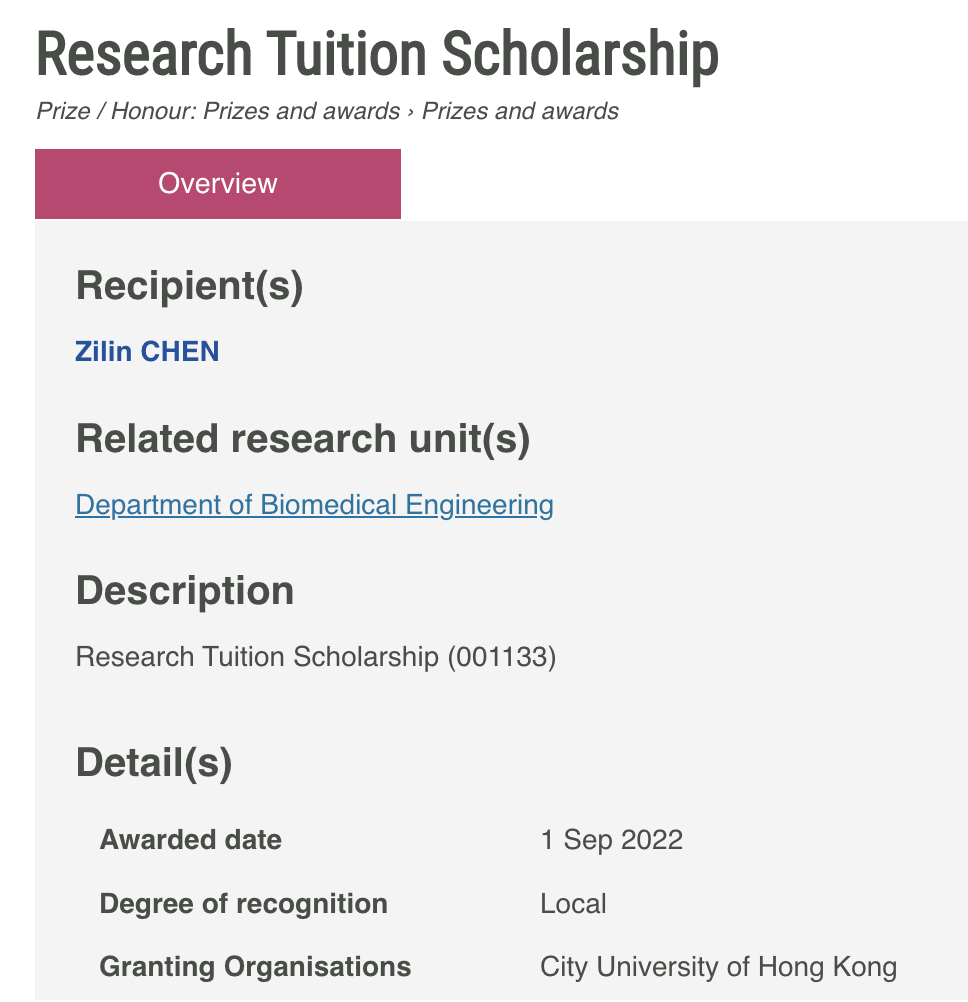 Congratulations to Zilin Chen awarded with the research tuition scholarship